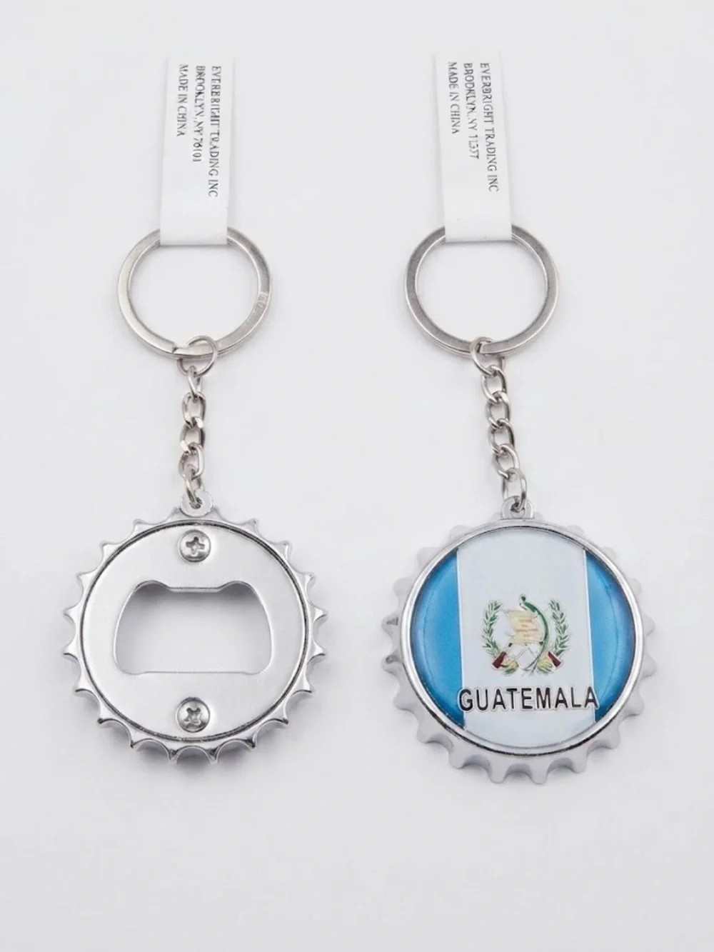 2 pack- Guatemala Flag Bottle Cap Keychain - Silver Keyring (Blue & White)